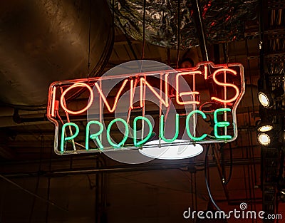 Hanging neon sign for Iovineâ€™s Produce at the historic Reading Terminal Market, an Editorial Stock Photo